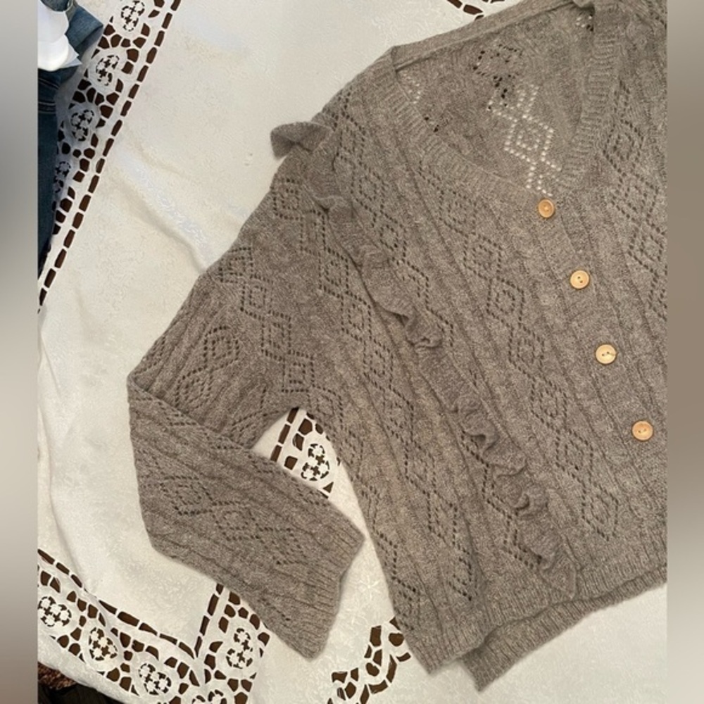 Greyish Taupe Knit Sweater With Ruffles & Wood Buttons - Picture 2 of 11